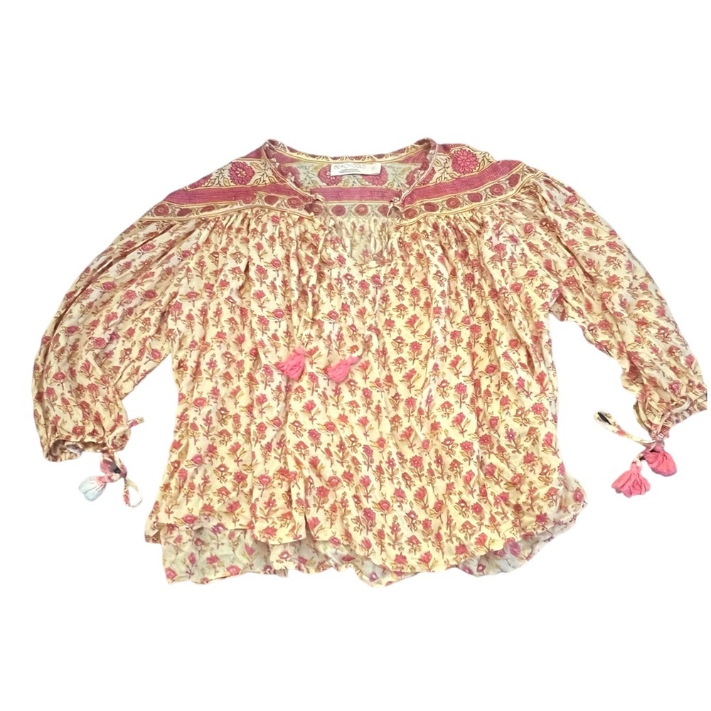 BEACHGOLD Bali Anthro Boho Golden Yellow & Red Balloon Sleeve Tassel Tie Blouse